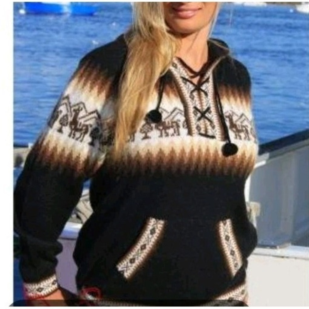 Alpaca Peruvian Wool Aztec Knit Hoodie Sweater Size Large Cozy Mountain Llama‎